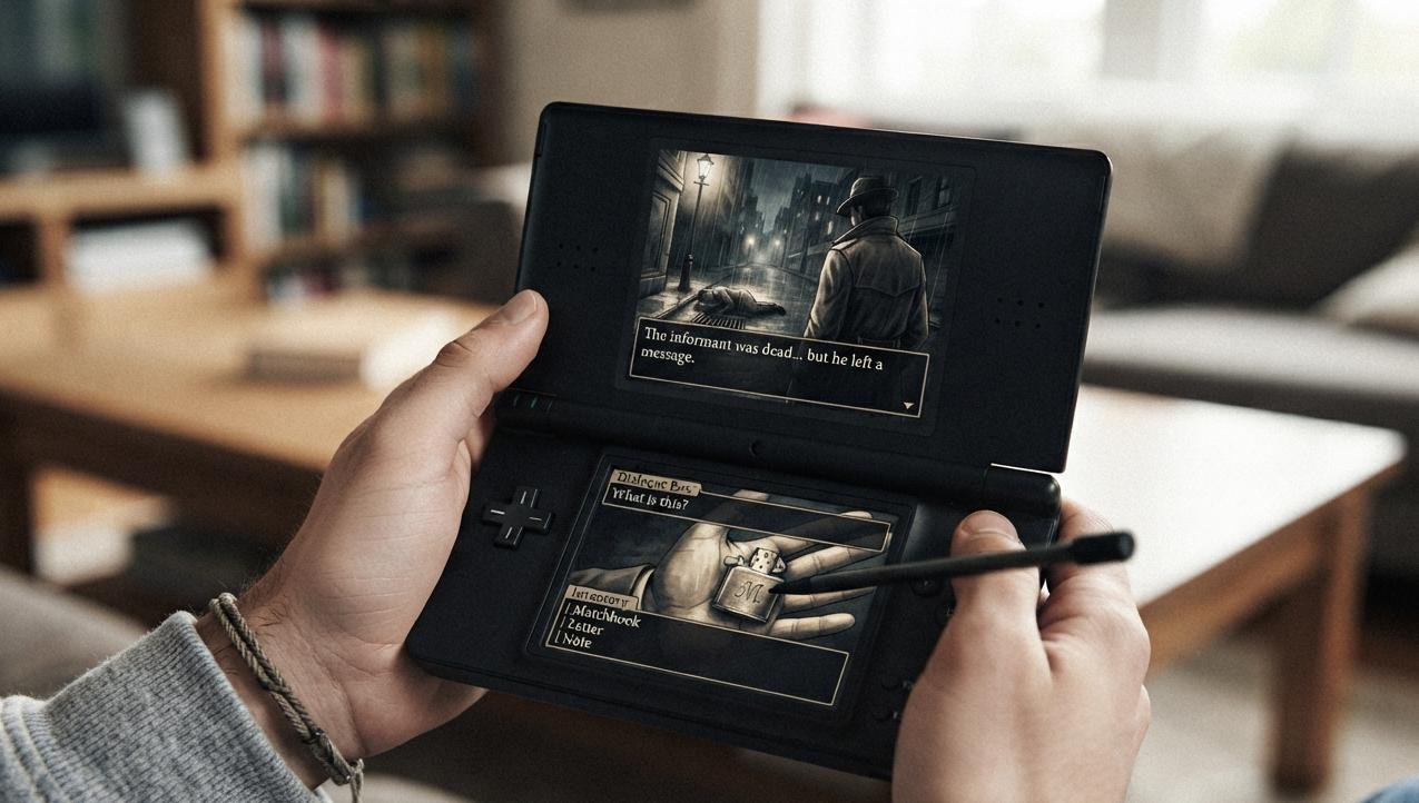 DS exclusive games shown through a stylus-driven mystery narrative scene