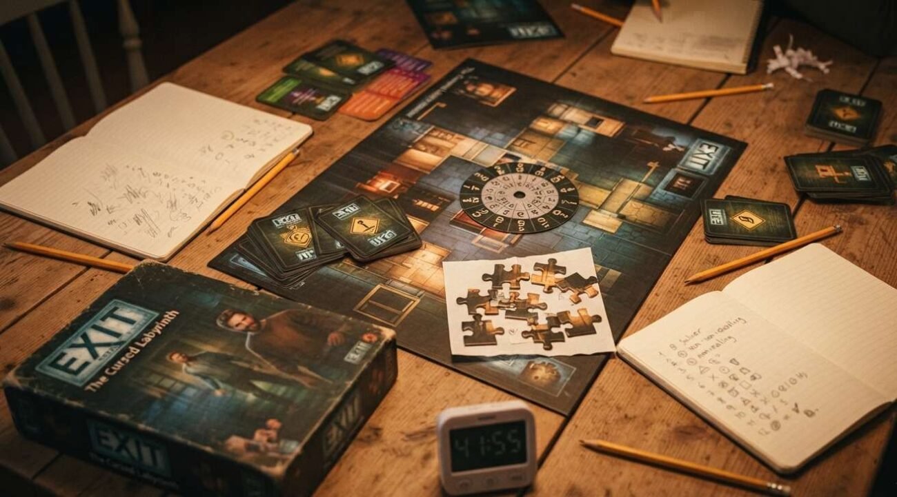Escape room board game setup with clues and puzzle pieces