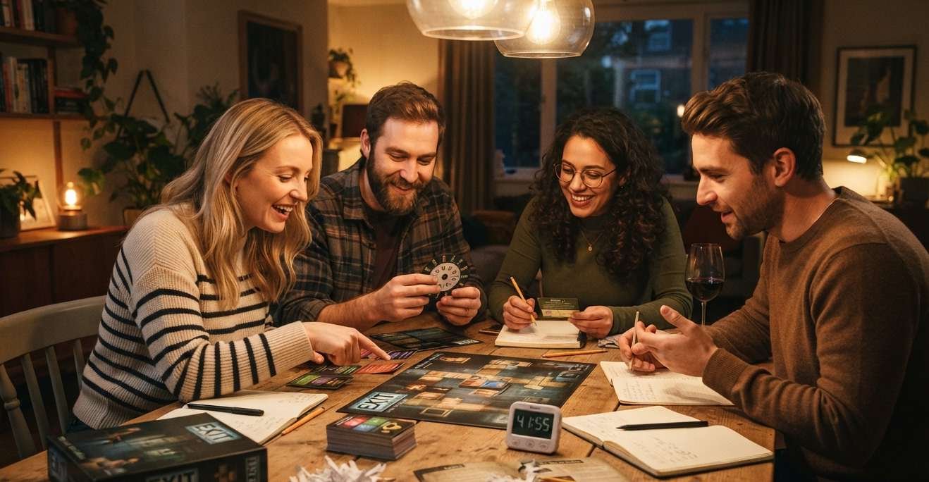 Friends playing escape room board games at home around a dining table