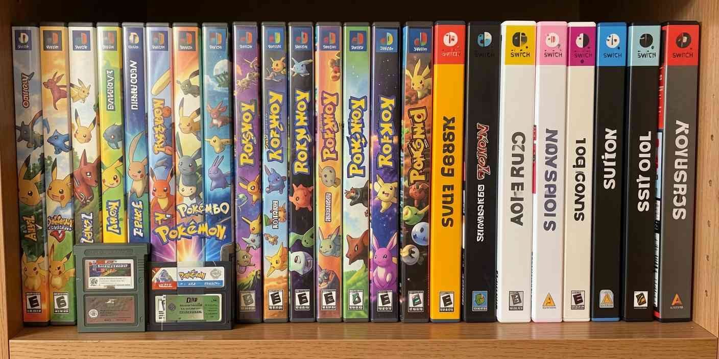 Greatest Pokemon games shown across a shelf spanning multiple console generations