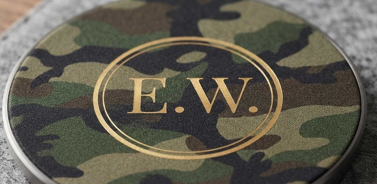 Personalized monogram details on a camo phone charger