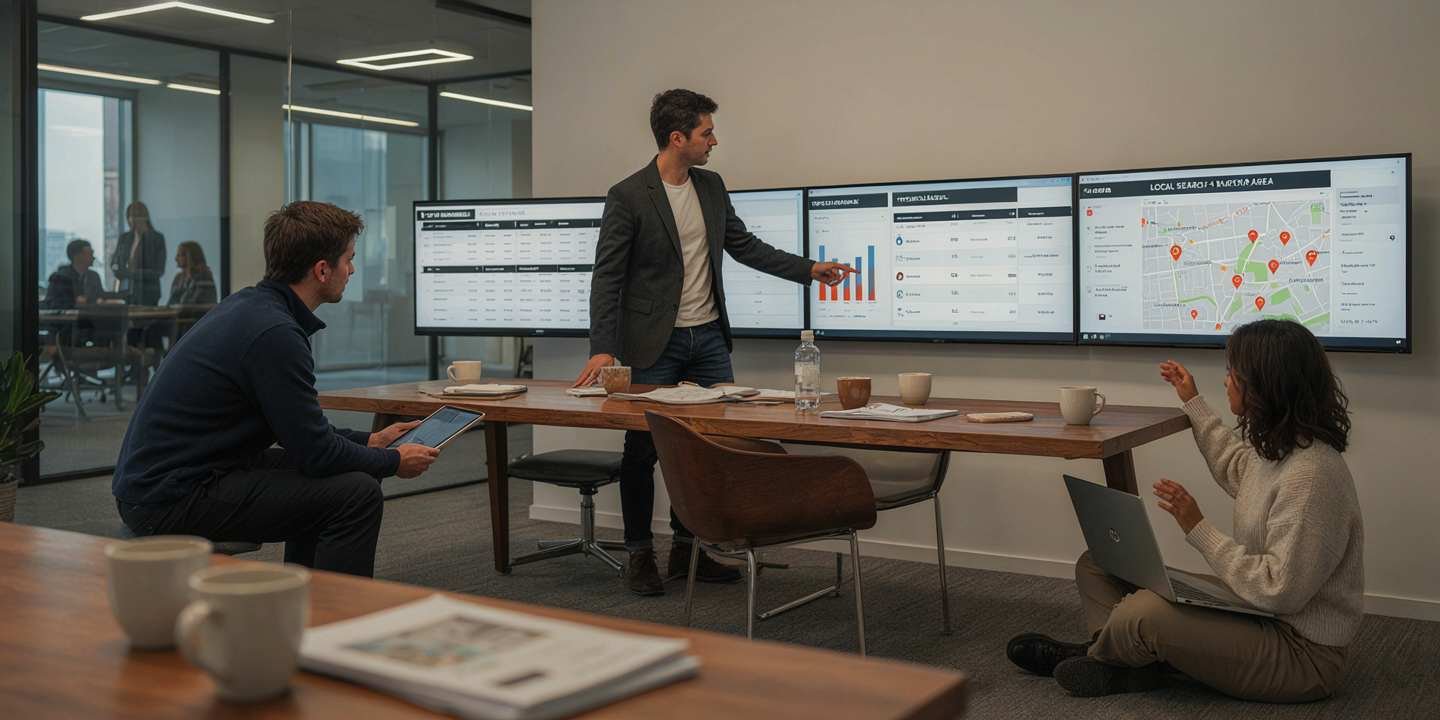 SEO agency team reviewing search rankings and technical SEO data