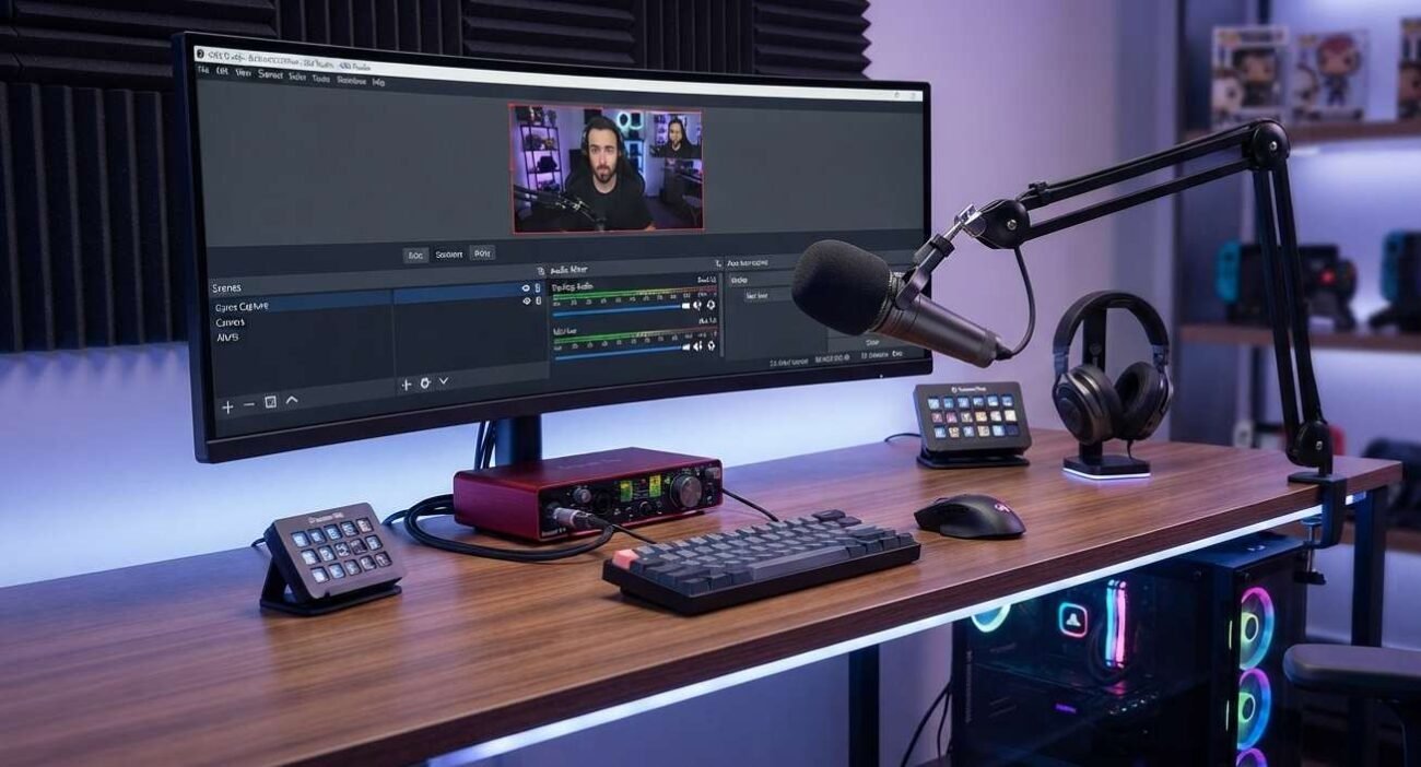 A streaming microphone setup with an audio interface and boom arm at a desk